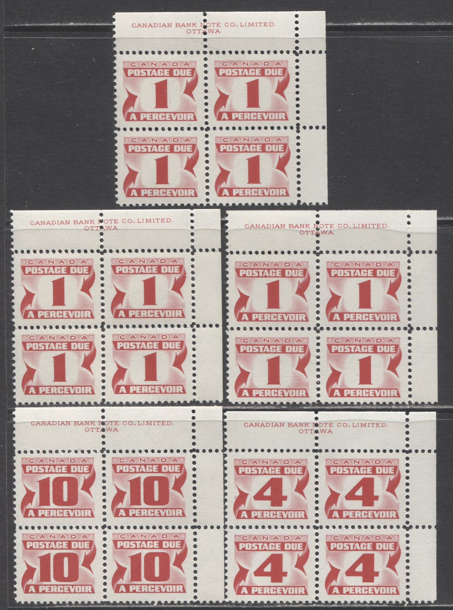 Lot 361 Canada #J28, J31, J35 1c, 4c & 10c Carmine Rose, 1969 Second Centennial Red Postage Due Issue, 5 VFNH UR Inscription Blocks Of 4 With Different Papers & Gums