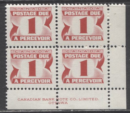 Canada #J28iii 1c Carmine Rose, 1973-1974 Third Centennial Red Postage Due Issue, A FNH LR Inscription Block Of 4 On HB (MF-fl) Paper