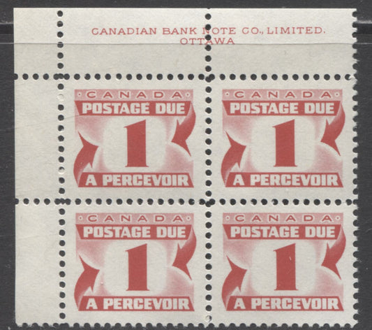 Canada #J28iii 1c Carmine Rose, 1973-1974 Third Centennial Red Postage Due Issue, A VFNH UL Inscription Block Of 4 On HB (MF-fl) Paper