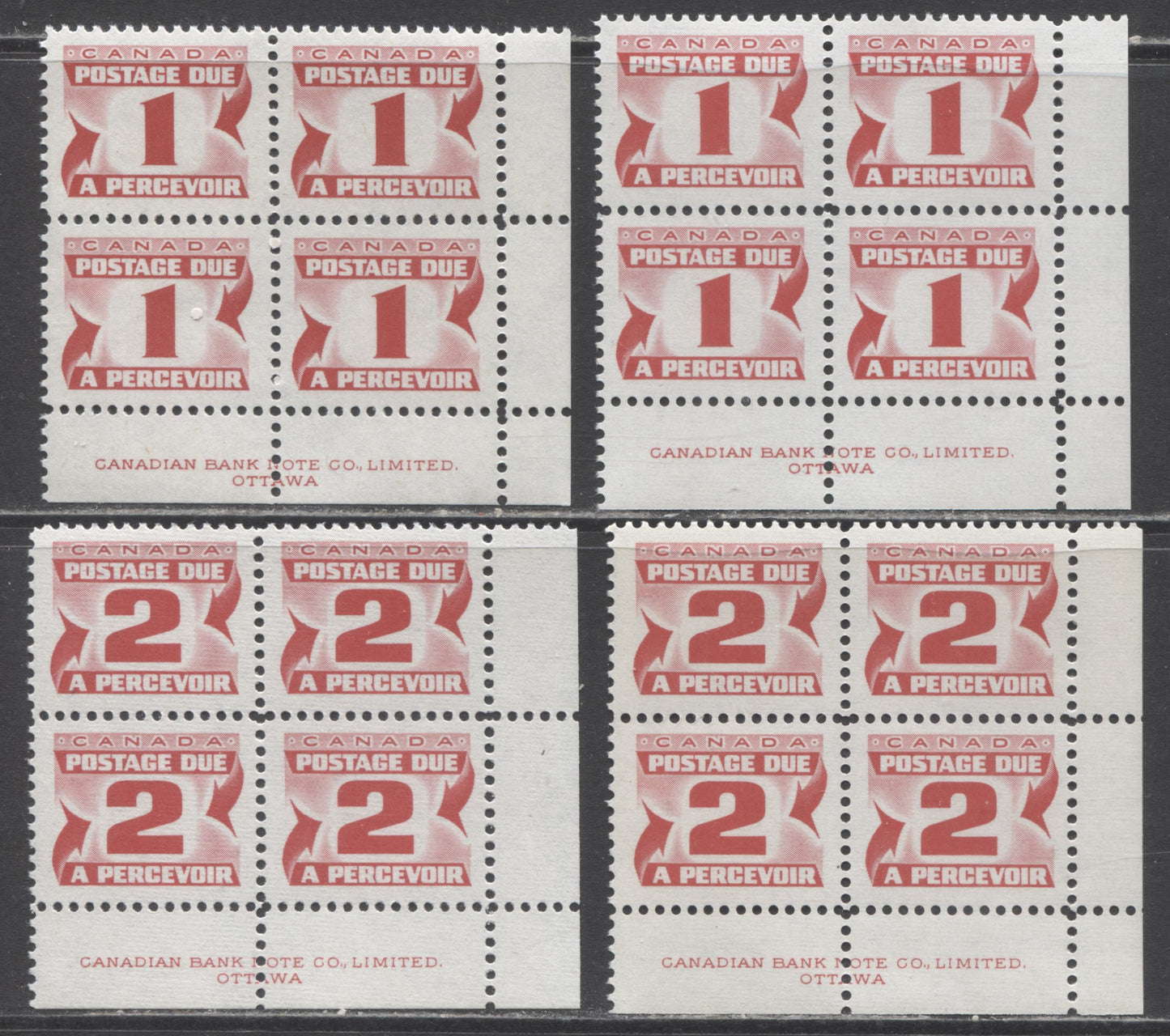 Canada #J28i,iiJ29i 1c & 2c Carmine Rose, 1973-1974 Third Centennial Red Postage Due Issue, 4 VFNH LR Inscription Blocks Of 4 With Different Papers & Gums