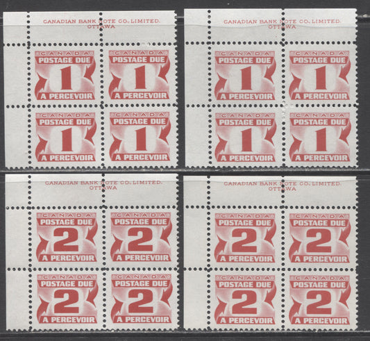 Lot 363 Canada #J28i,ii,J29i 1c & 2c Carmine Rose, 1973-1974 Third Centennial Red Postage Due Issue, 4 VFNH UL Inscription Blocks Of 4 With DF Ivory, DF Grayish Ribbed & LF Bluish White Ribbed Papers