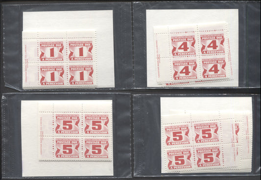 Canada #J28a, J31a, J32 1c, 4c & 5c Carmine Rose 1977-1978 Fourth Centennial Red Postage Due Issue, 3 Canada Post Sealed Packs of Inscription Blocks on DF Paper, With MF & HF Type 3A Insert Cards, FNH, Unitrade Cat. $5