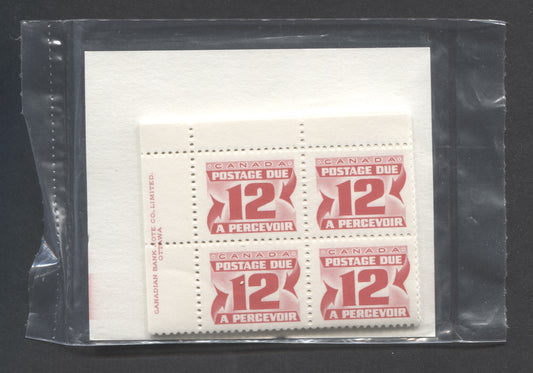 Canada #J36a 12c Carmine Rose 1977-1978 Fourth Centennial Red Postage Due Issue, Canada Post Sealed Pack of 10 UL Inscription Blocks on DF Paper, With DF Type Red 3A Insert Card, VFNH, Unitrade Cat. $150