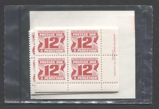 Canada #J36a 12c Carmine Rose 1977-1978 Fourth Centennial Red Postage Due Issue, Canada Post Sealed Pack of 10 LR Inscription Blocks on DF Paper, With DF Type Red 3A Insert Card, VFNH, Unitrade Cat. $150