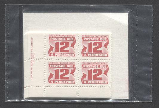 Canada #J36a 12c Carmine Rose 1977-1978 Fourth Centennial Red Postage Due Issue, Canada Post Sealed Pack of 10 LL Inscription Blocks on DF Paper, With DF Type Red 3A Insert Cards, VFNH, Unitrade Cat. $150
