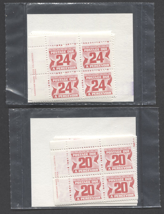 Lot 367 Canada #J38-J39 20c & 24c Carmine Rose 1977-1978 Fourth Centennial Red Postage Due Issue, 2 Canada Post Sealed Packs of Inscription Blocks on DF Paper, With LF & MF Type 3A & 3B Insert Card, F/VFNH, Unitrade Cat. $20
