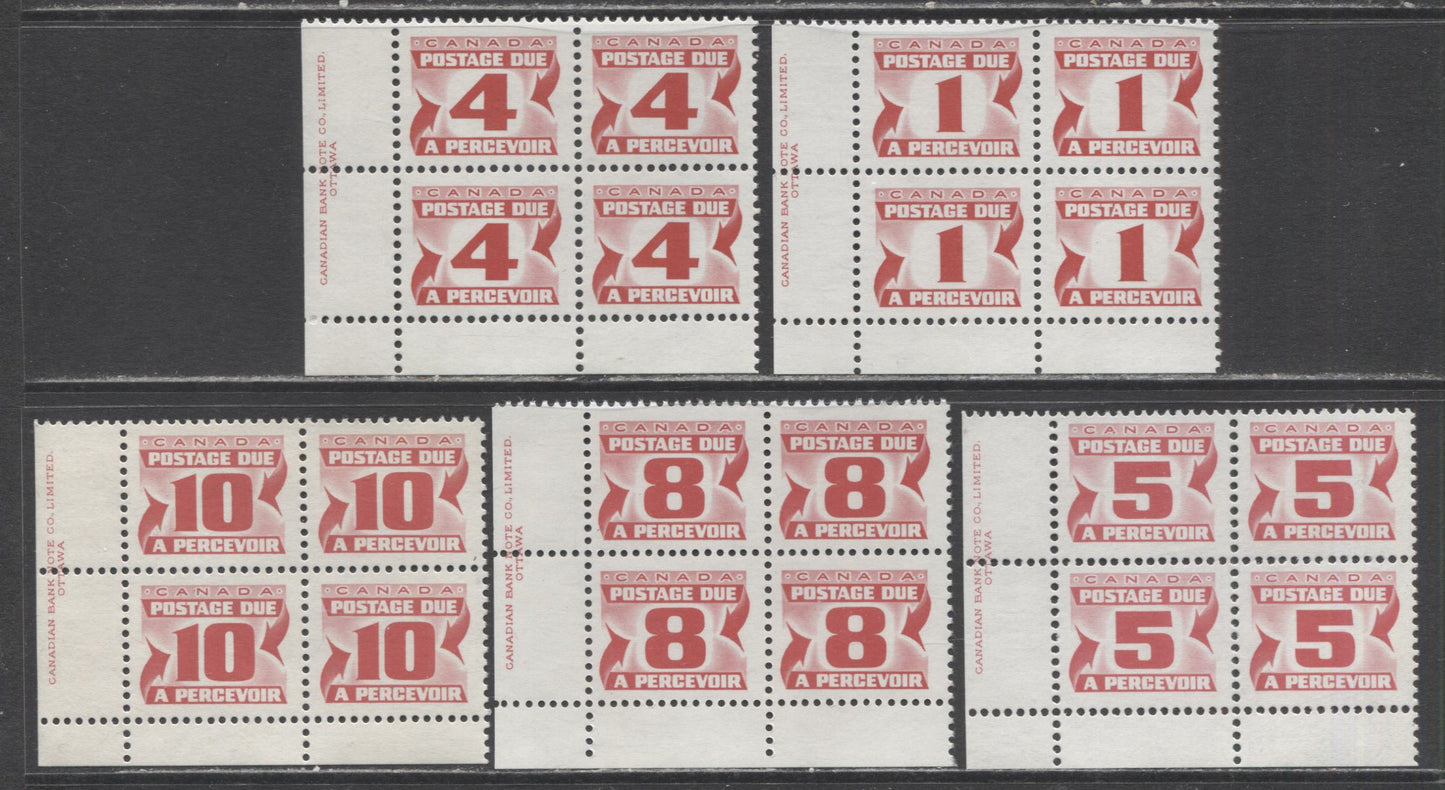 Canada #J28a-35a 1c-10c Carmine Rose, 1977-1978 Fourth Centennial Red Postage Due Issue, 5 VFNH LL Inscription Blocks Of 4 With Different Papers