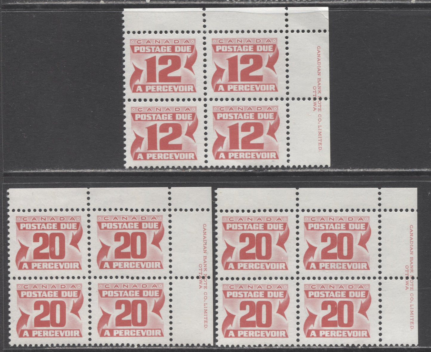 Canada #J36a-J38 12c & 20c Carmine Rose, 1977-1978 Fourth Centennial Red Postage Due Issue, 3 VFNH UR Inscription Blocks Of 4 On DF Grayish, DF-fl Grayish & DF-fl Bluish White With Sparse LF Fibers