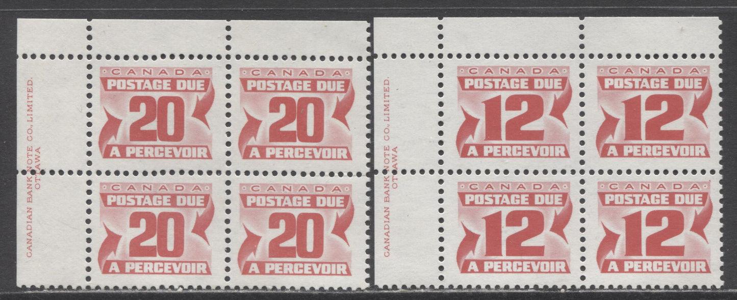 Canada #J36a-J38 12c & 20c Carmine Rose, 1977-1978 Fourth Centennial Red Postage Due Issue, 2 VFNH UL Inscription Blocks Of 4 On DF Grayish & LF Bluish Papers