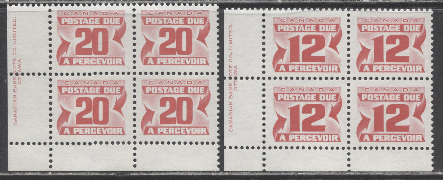 Canada #J36a-J38 12c & 20c Carmine Rose, 1977-1978 Fourth Centennial Red Postage Due Issue, 2 VFNH LL Inscription Blocks Of 4 On DF Grayish & LF Bluish White Papers