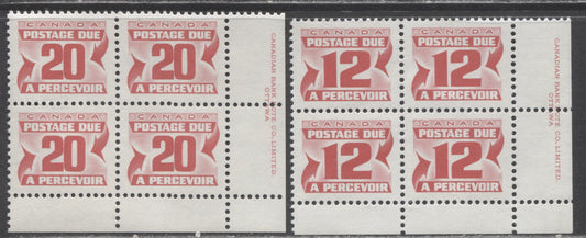 Canada #J36a-J38 12c & 20c Carmine Rose, 1977-1978 Fourth Centennial Red Postage Due Issue, 2 VFNH LR Inscription Blocks Of 4 On DF Grayish & LF Bluish White Papers
