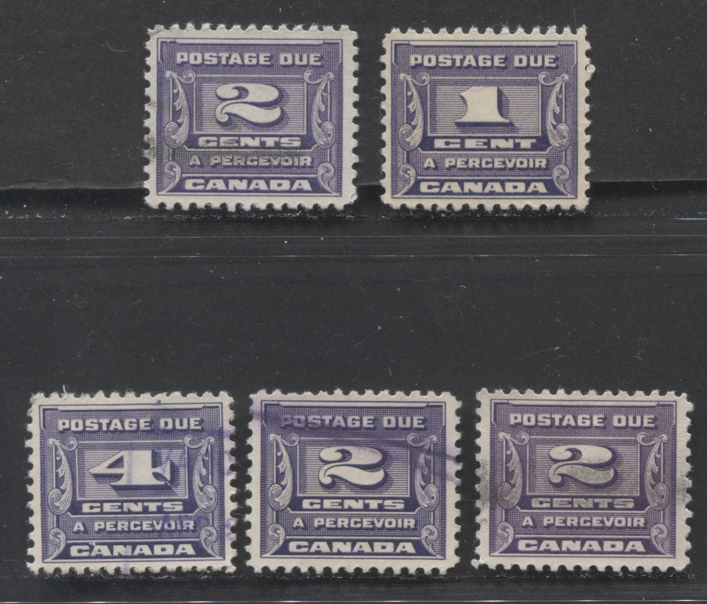 Lot 67 Canada #J11-J13 1c-4c Milky & Deep Violet, 1933-1934 Third Postage Due Issue, 5 Very Fine Used Singles