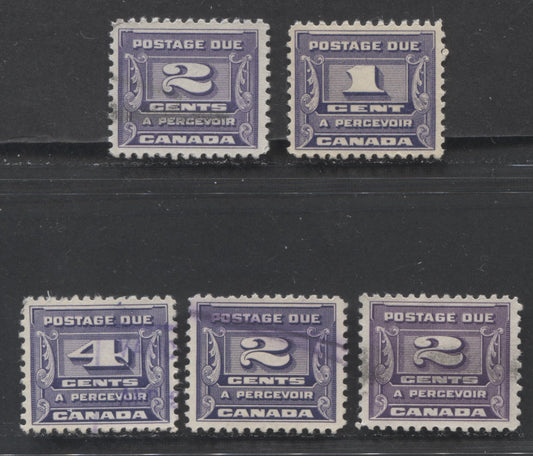 Lot 67 Canada #J11-J13 1c-4c Milky & Deep Violet, 1933-1934 Third Postage Due Issue, 5 Very Fine Used Singles
