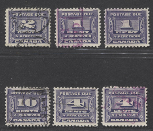 Canada #J11-J14 1c-10c Milky & Deep Violet, 1933-1934 Third Postage Due Issue, 6 Fine Used Singles