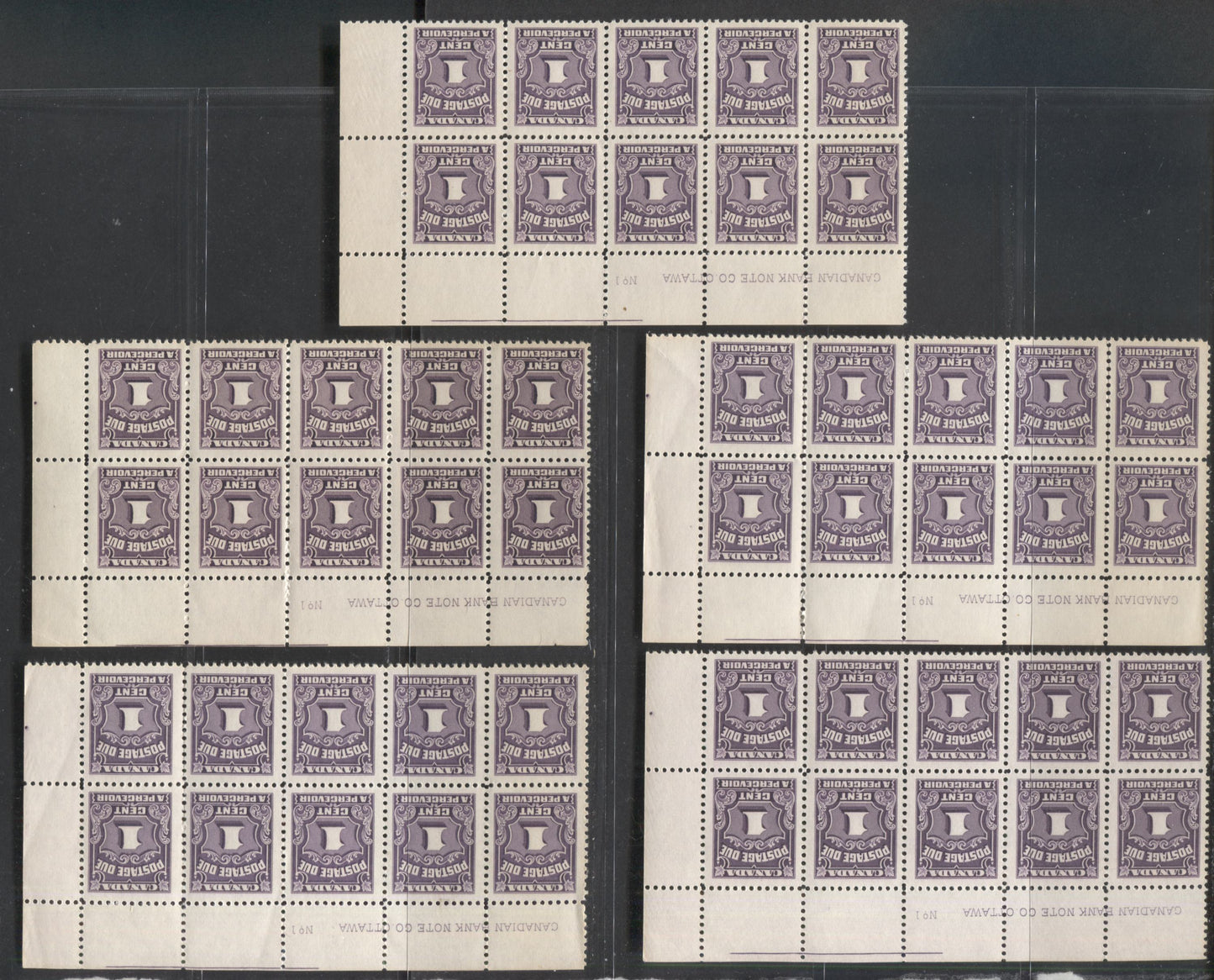 Lot 45 Canada #J15 1c Dark Violet, 1935-1965 Fourth Postage Due Issue, 5 FNH UL Inscription Blocks Of 10 With Various Shades, Papers & Gums, Likely Dated Between The 1940's & 50's