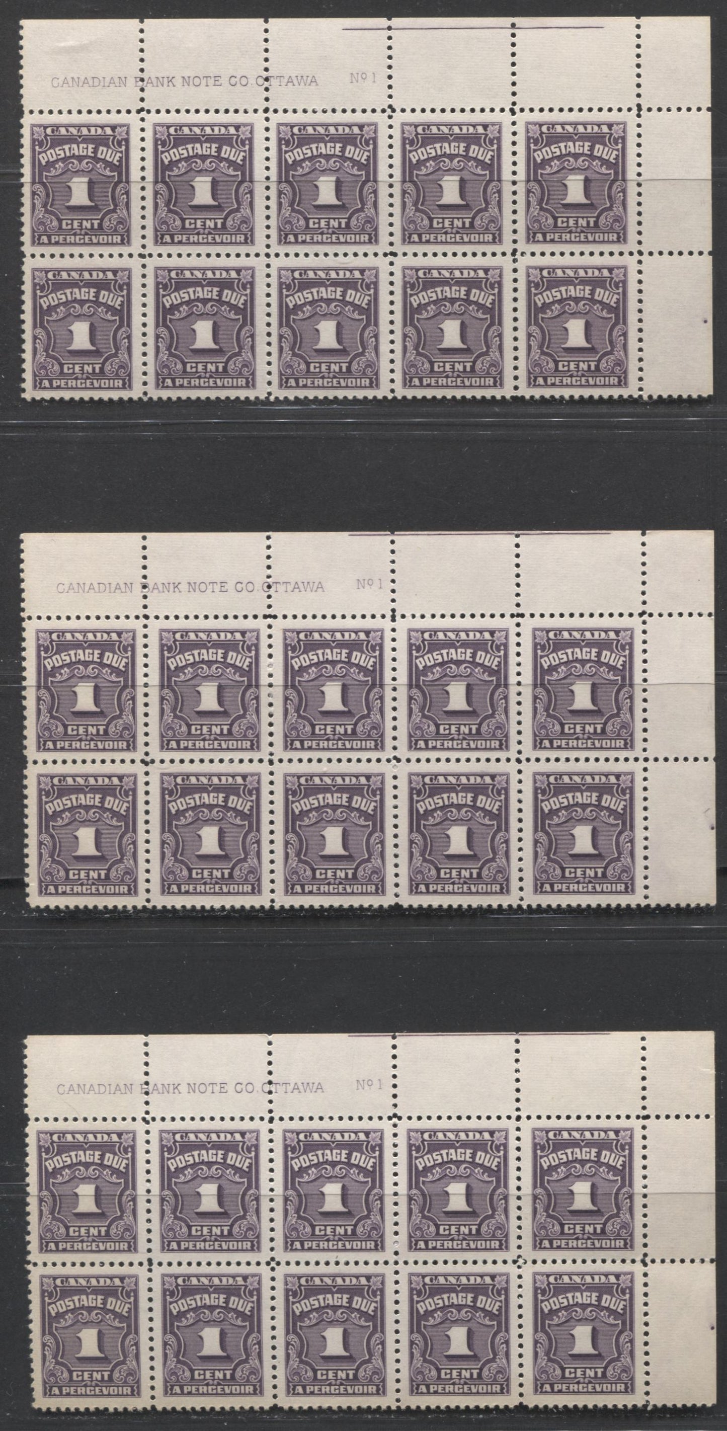 Lot 46 Canada #J15 1c Dark Violet, 1935-1965 Fourth Postage Due Issue, 3 VFNH UR Inscription Blocks Of 10 With Various Shades, Papers & Gums