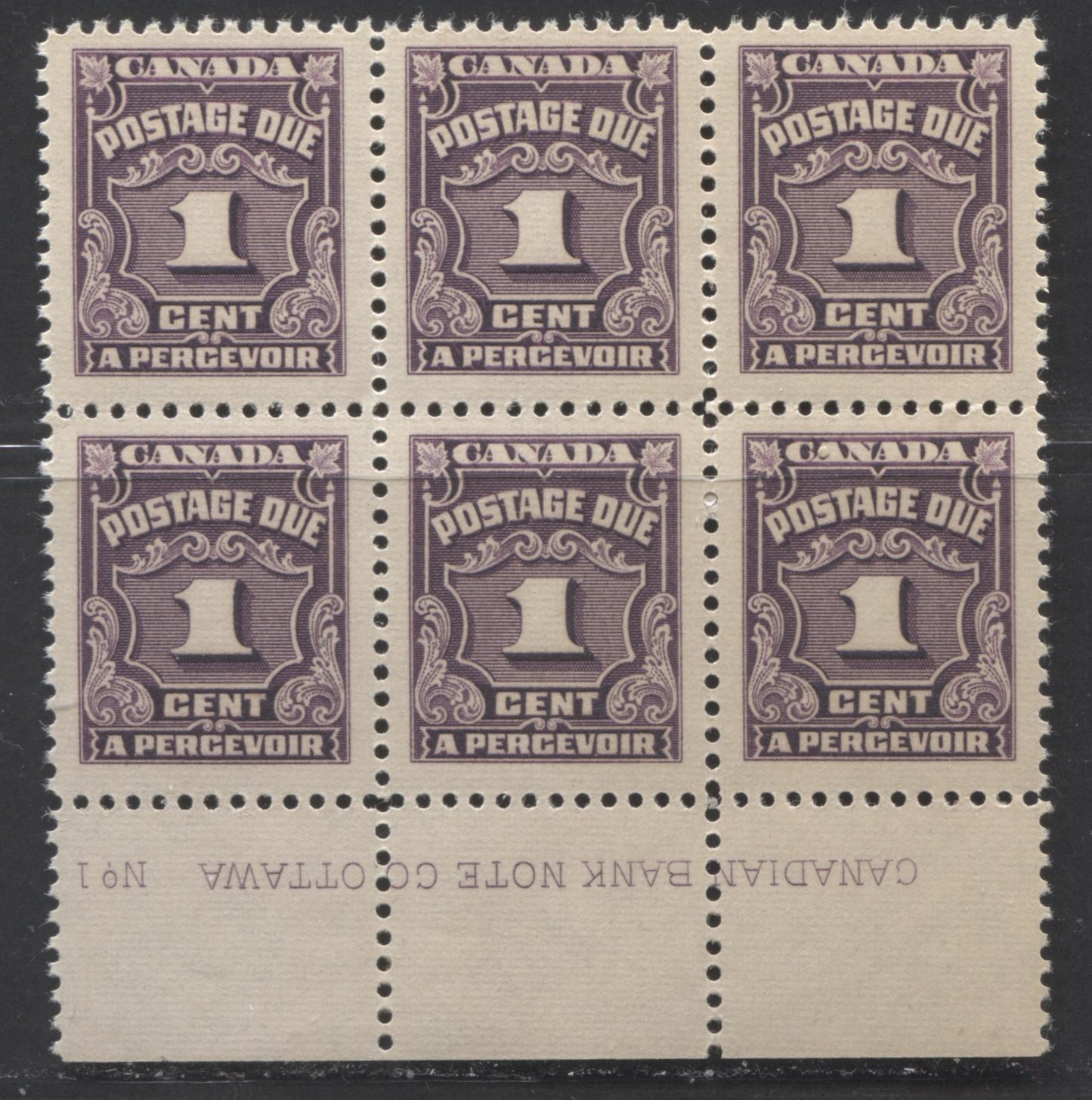Lot 49 Canada #J15 1c Deep Reddish Lilac, 1935-1965 Fourth Postage Due Issue, A VFNH Lower Plate 1 Block Of 6 On Horizontal Ribbed Paper With Yellowish Cream Gum, Likely From 1935-1942