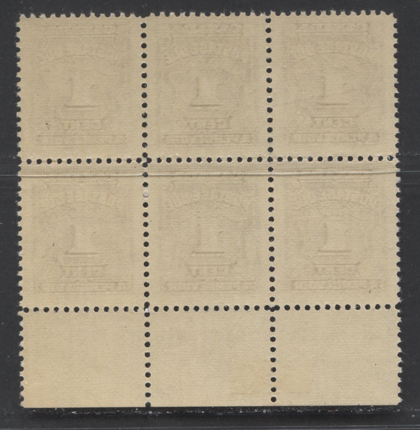 Lot 49 Canada #J15 1c Deep Reddish Lilac, 1935-1965 Fourth Postage Due Issue, A VFNH Lower Plate 1 Block Of 6 On Horizontal Ribbed Paper With Yellowish Cream Gum, Likely From 1935-1942