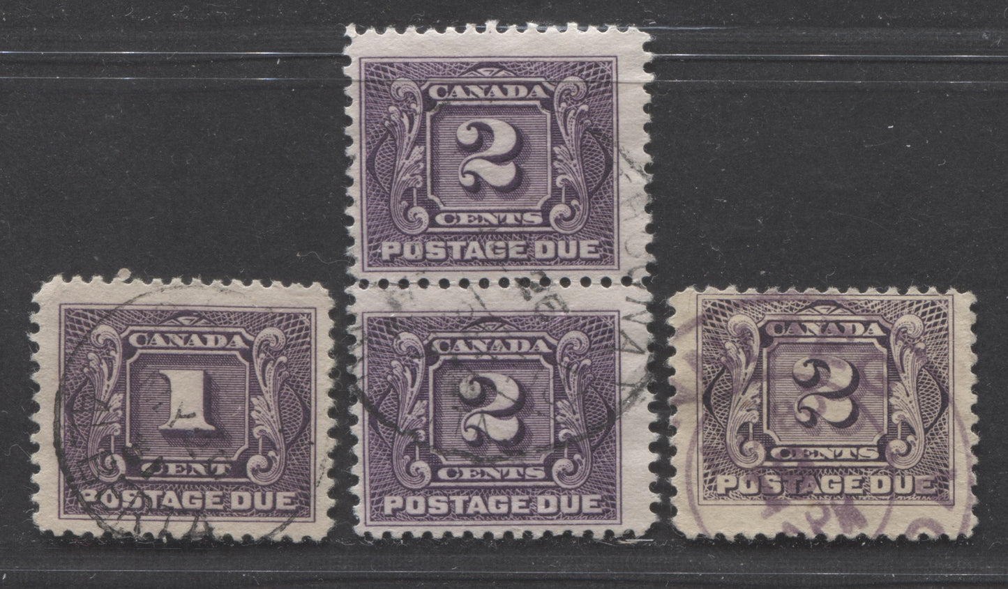 Lot 5 Canada #J1c, J2, J2c 2c Blackish Purple & Deep Rose Lilac, 1906-1928 First Postage Due Issue, 3 Fine/Very Fine Used Singles & Pair, Wet & Dry Printings