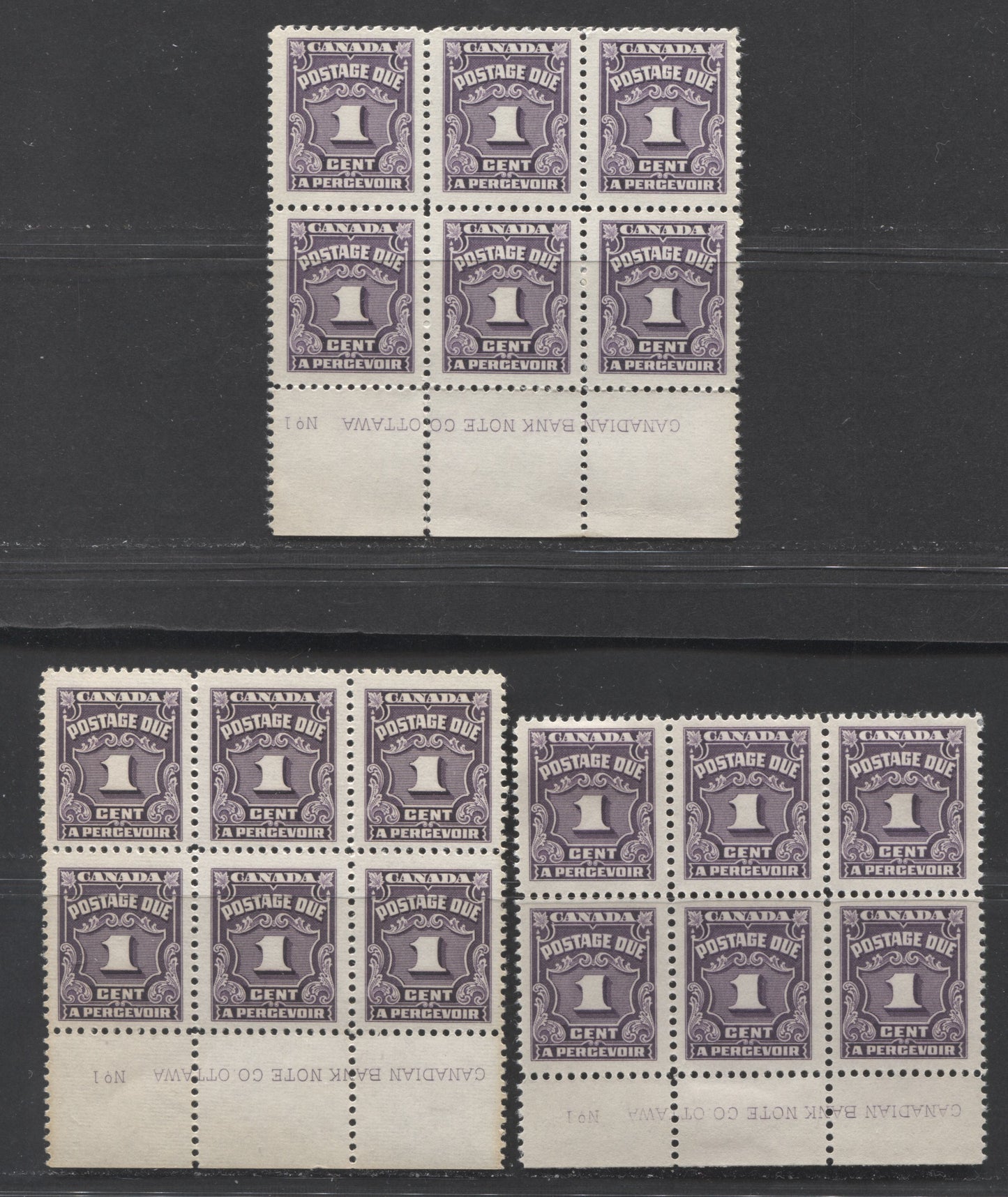 Lot 51 Canada #J15 1c Dark Violet, 1935-1965 Fourth Postage Due Issue, 3 VFNH/OG Lower Plate 1 Blocks Of 6 With Various Shades, Papers, Gums & Selvedges