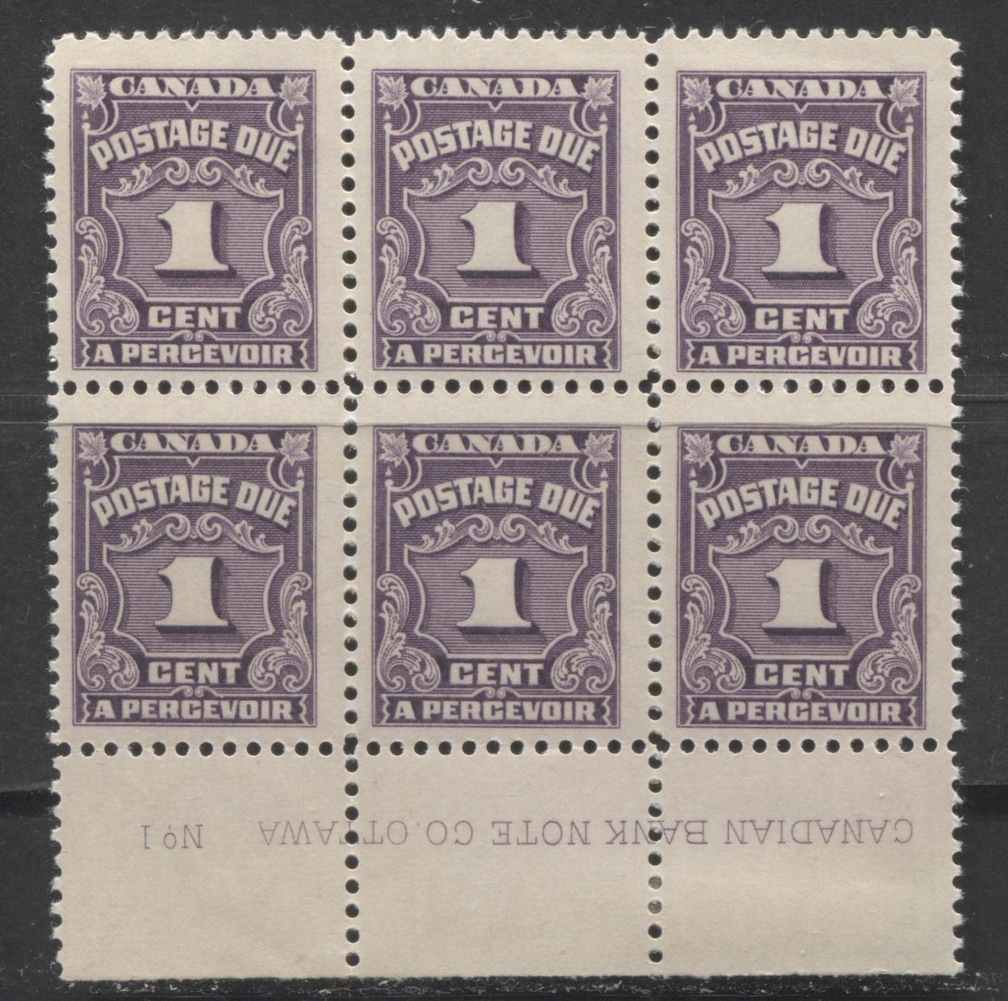 Lot 54 Canada #J15b 1c Reddish Violet, 1935-1965 Fourth Postage Due Issue, A FOG Lower Plate 1 Block Of 6 On Horizontal Ribbed Paper With Semi Glossy Deep Cream Gum. Likely Mufti Period