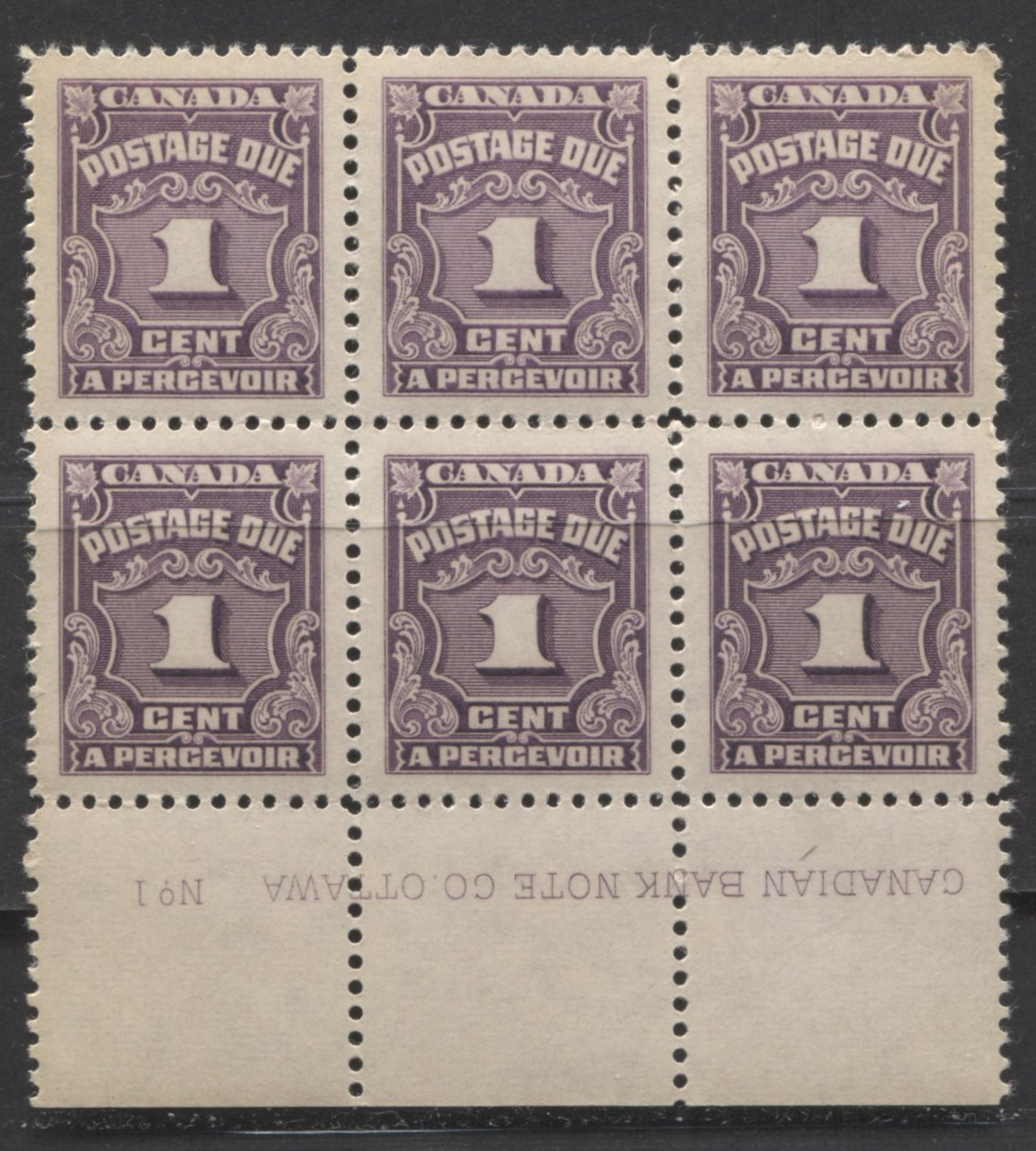 Lot 55 Canada #J15b 1c Reddish Violet, 1935-1965 Fourth Postage Due Issue, A VFNH Lower Plate 1 Block Of 6 On Crisp, Smooth Vertical Wove Paper (No Mesh) And Cream Gum With A Satin Sheen, Likely 1940's