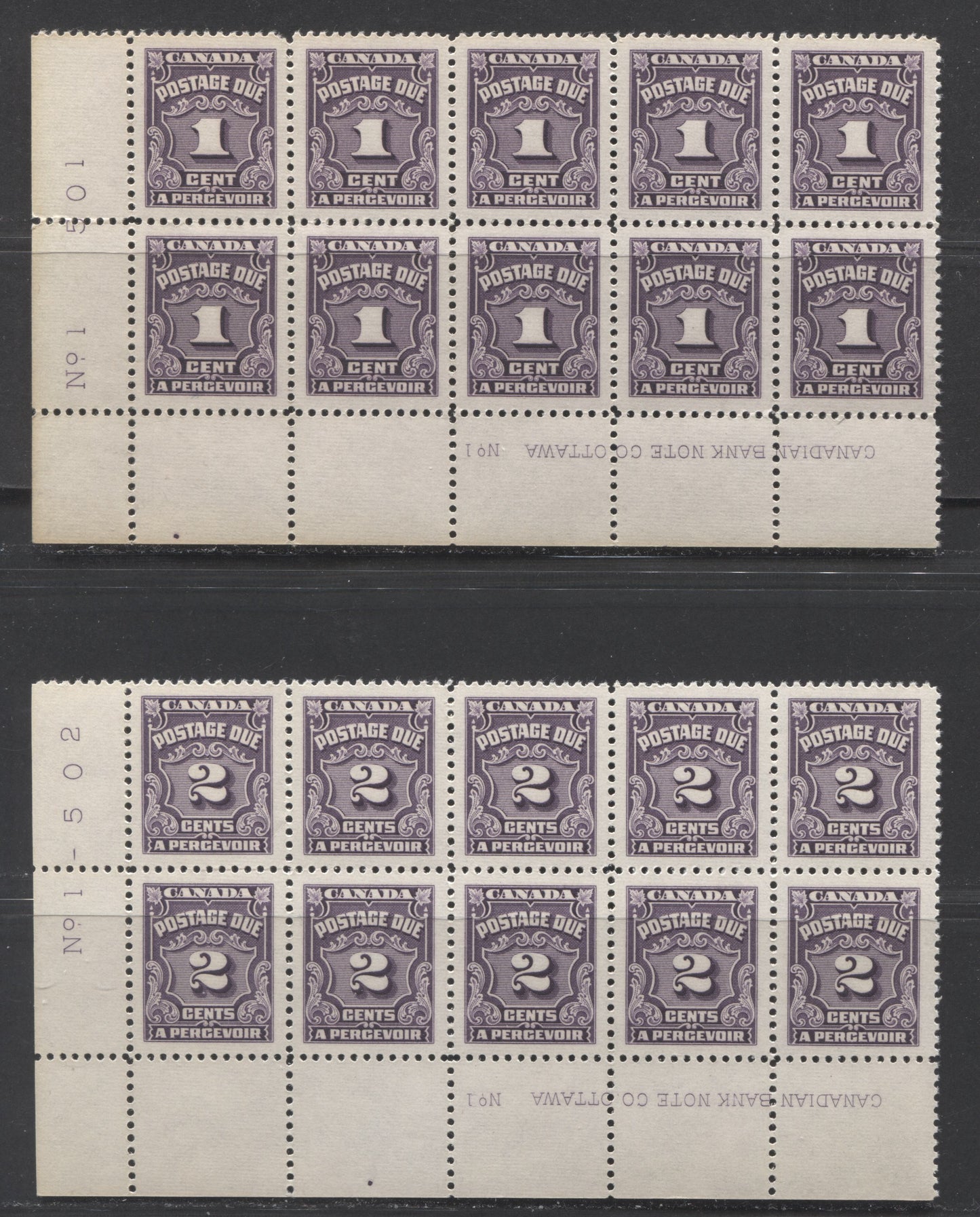 Lot 57 Canada #J15-J16 1c & 2c Deep Reddish Lilac, 1935-1965 Fourth Postage Due Issue, 2 VFNH LL Blocks Of 10 On Horizontal Ribbed Paper With Shiny Cream Gum