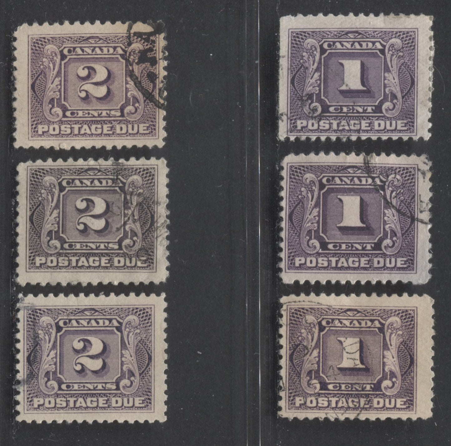 Lot 6 Canada #J1, J1a, J2 1c & 2c Violet, 1906-1928 First Postage Due Issue, 6 Fine Used Singles, CDS Postal Cancels, Wet Printings