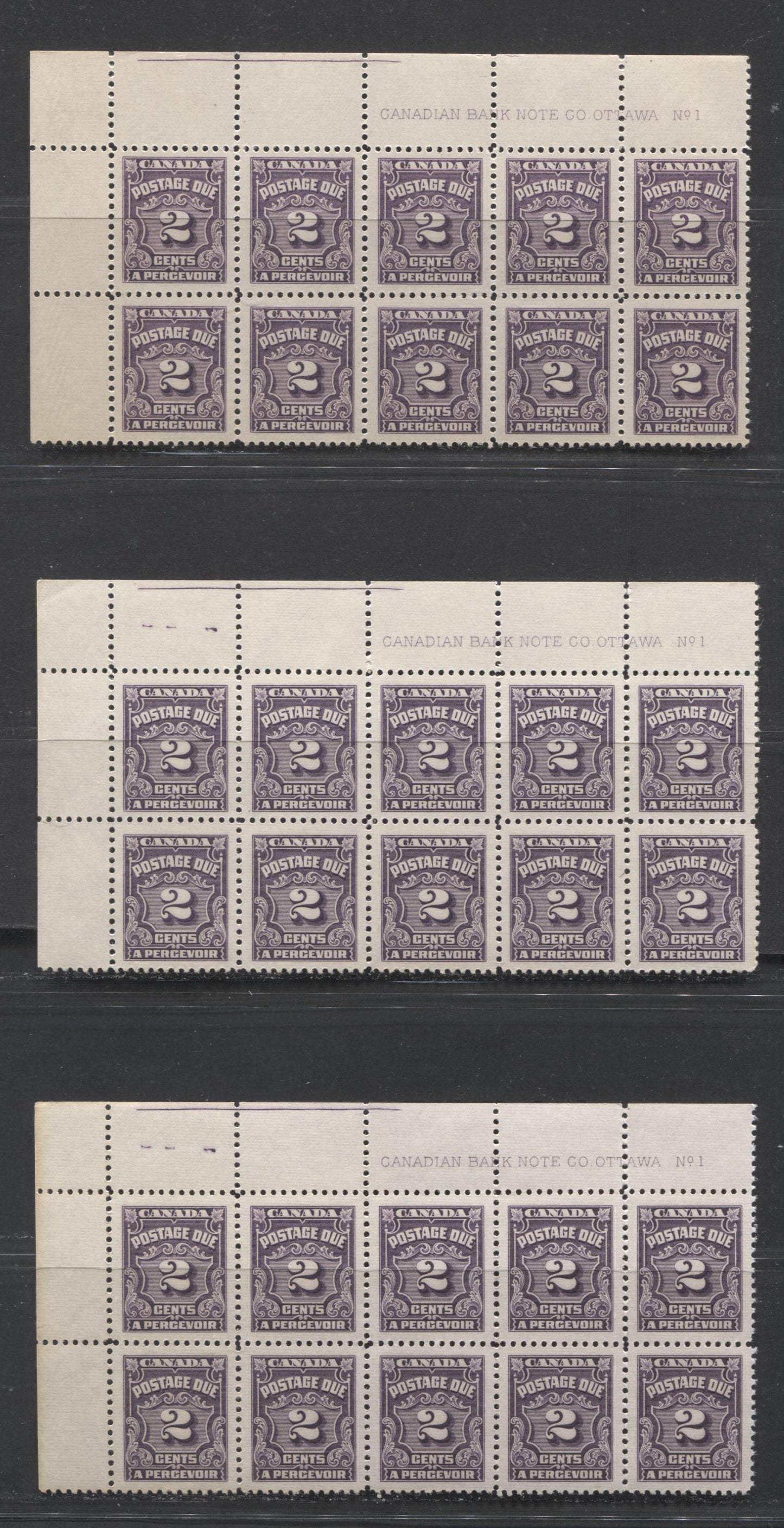 Lot 61 Canada #J16 2c Dark Violet, 1935-1965 Fourth Postage Due Issue, 3 VFNH UL Plate 1 Blocks Of 10 With Different Shades, Papers & Gums