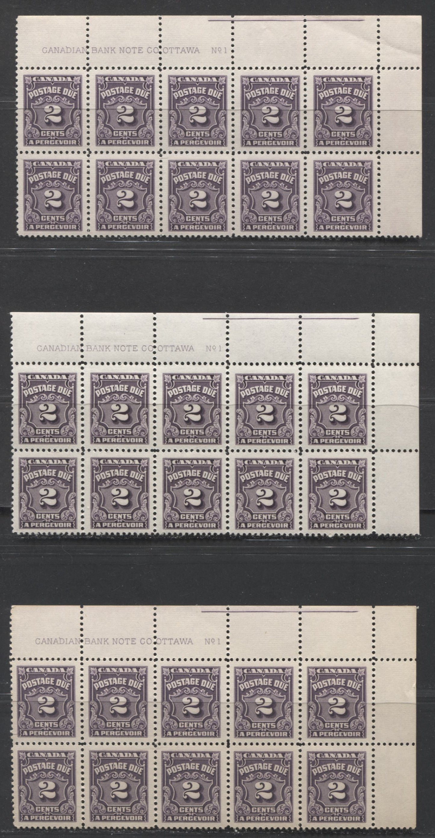 Lot 63 Canada #J16 2c Dark Violet, 1935-1965 Fourth Postage Due Issue, 3 VFNH/LH UR Plate 1 Blocks Of 10 With Cutting Guidelines At UR And Different Papers, Gums & Shades