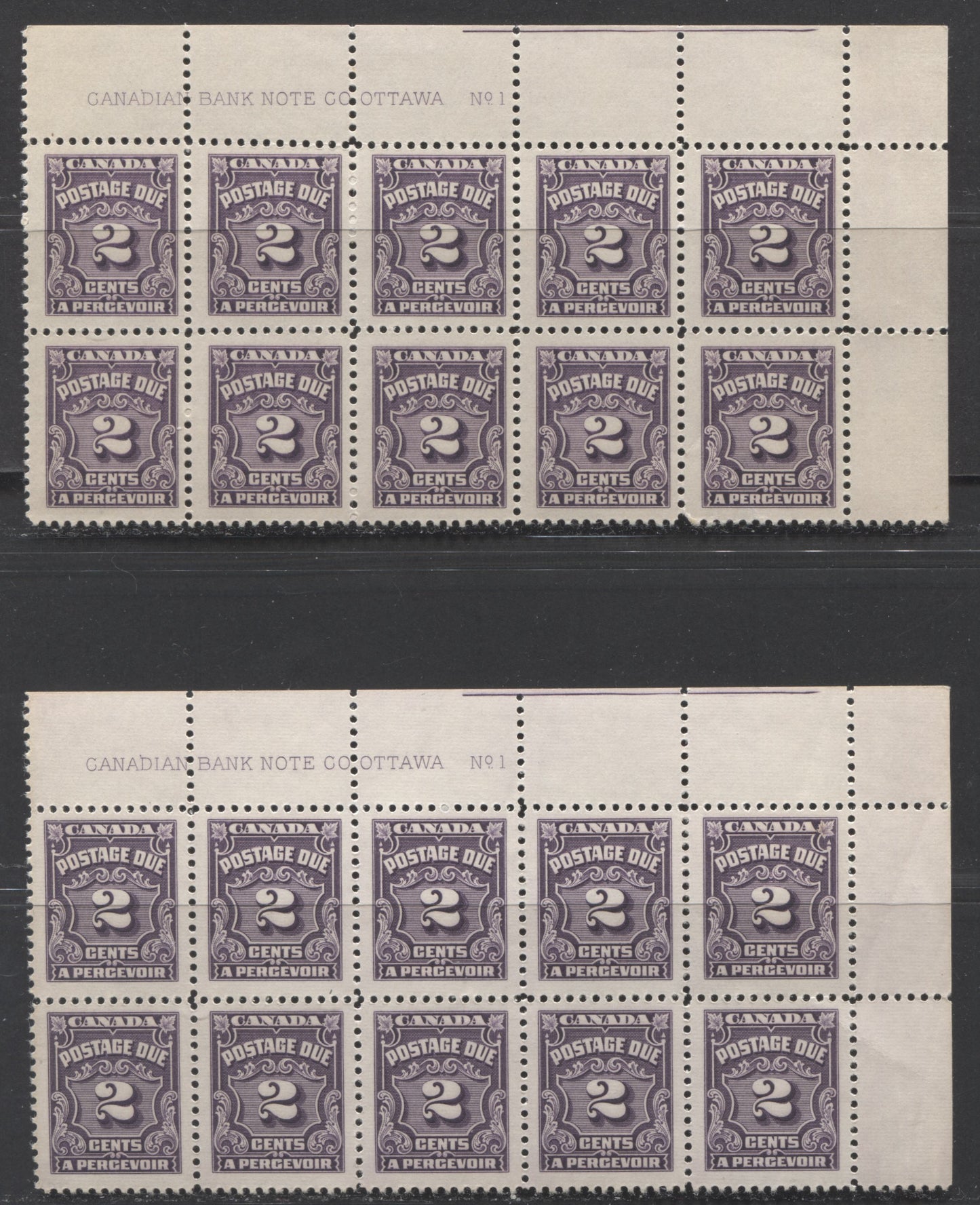 Lot 64 Canada #J16 2c Deep Violet, 1935-1965 Fourth Postage Due Issue, 2 FNH UR Plate 1 Blocks Of 10 On Vertical Wove Paper (Clear Mesh) & Deep Cream Gum And Horizontal Ribbed Paper With Smooth Cream Gum