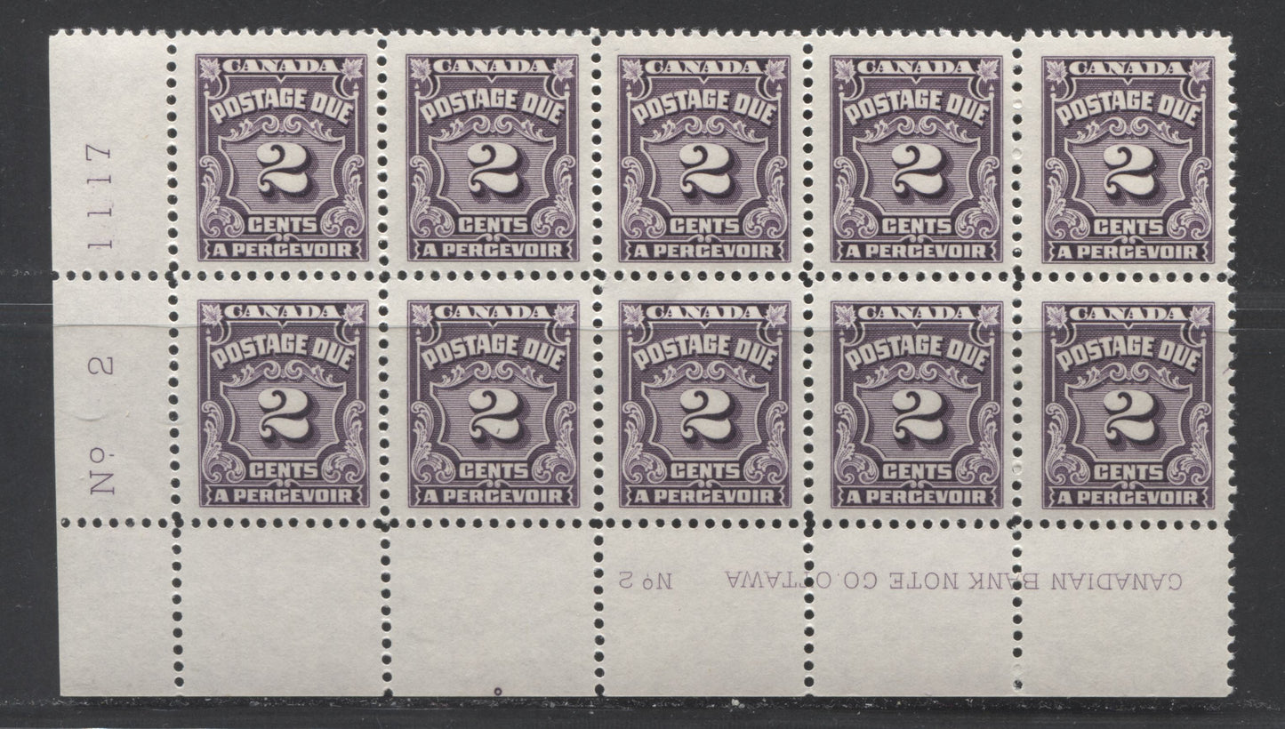 Lot 65 Canada #J16 2c Blackish Purple, 1935-1965 Fourth Postage Due Issue, A VFNH LL Plate 2 Block Of 10 On DF Paper With Smooth Cream Gum