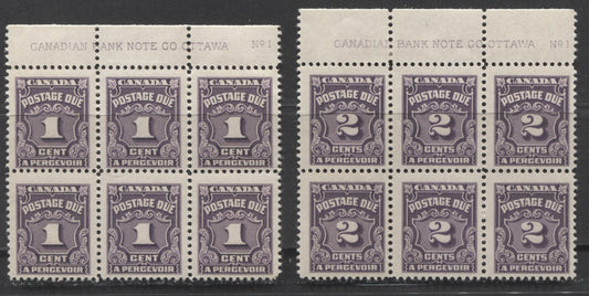 Lot 66 Canada #J15-J16 1c & 2c Dark Violet, 1935-1965 Fourth Postage Due Issue, 2 FOG Upper Blocks Of 6 With Different Shades, Papers & Gums