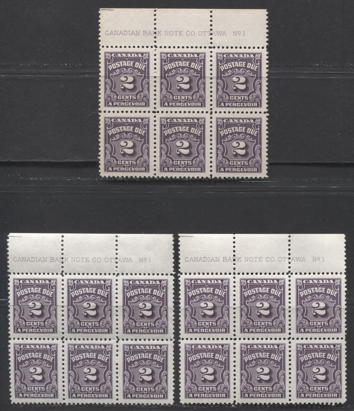 Lot 67 Canada #J16 2c Dark Violet, 1935-1965 Fourth Postage Due Issue, 3 VFNH Upper Blocks Of 6 With Different Shades, Papers & Gums