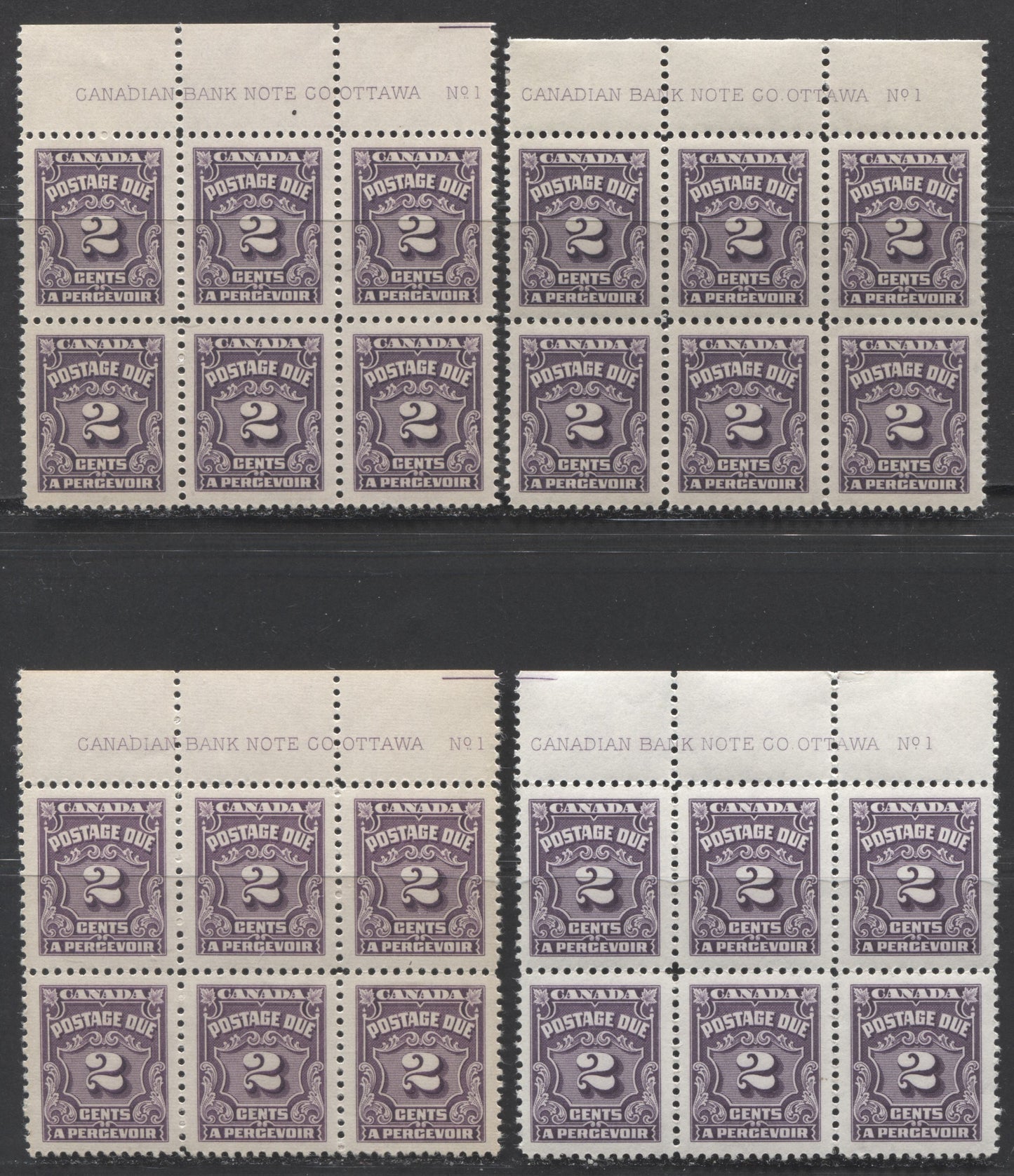 Lot 68 Canada #J16 2c Dark Violet, 1935-1965 Fourth Postage Due Issue, 4 VFOG Upper Blocks Of 6 With Different Shades, Papers & Gums