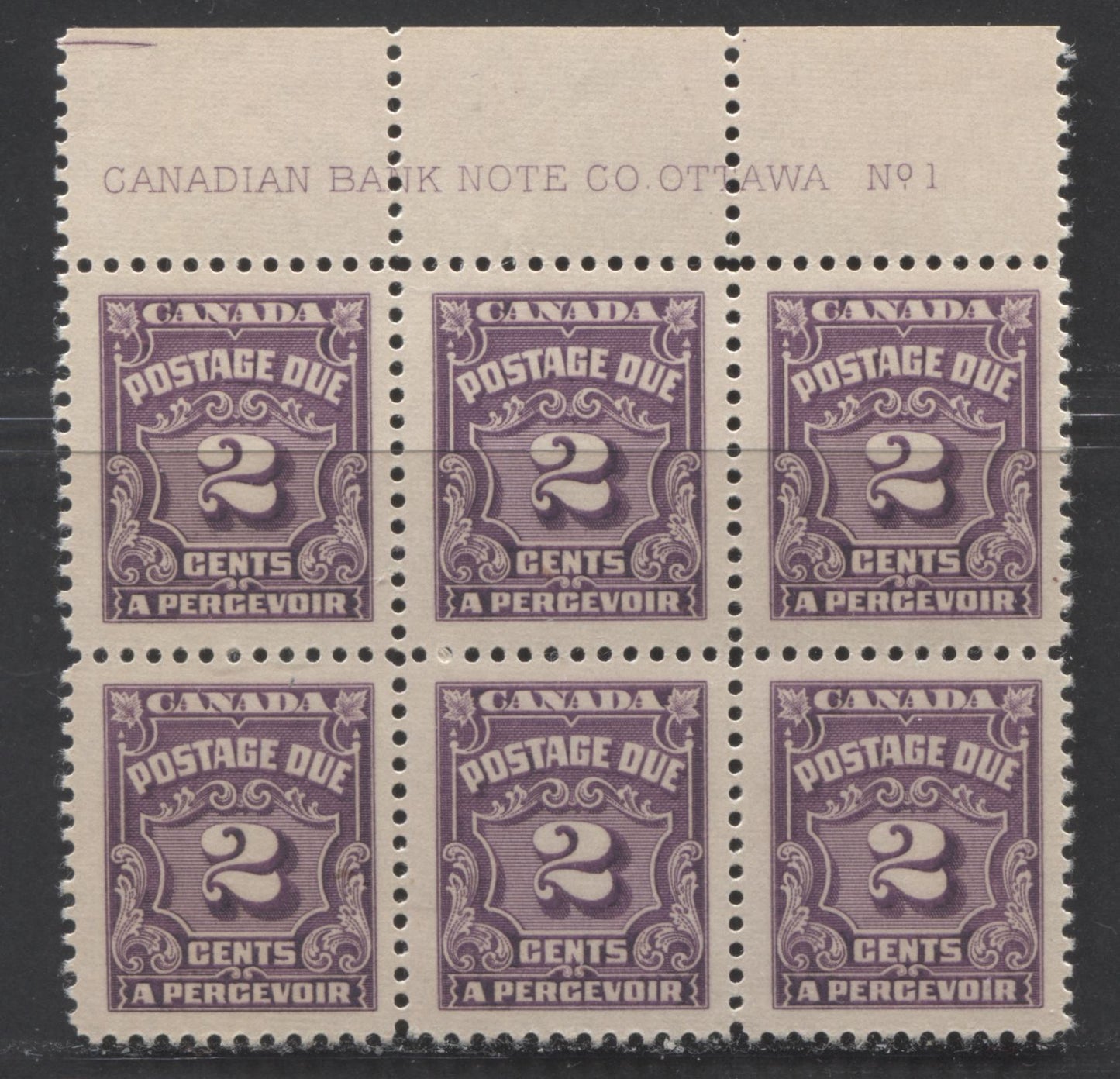 Lot 69 Canada #J16c 2c Bright Red Violet, 1935-1965 Fourth Postage Due Issue, A VFNH Upper Plate 1 Block Of 6 On Crisp Vertical Wove Paper With Streaky Yellowish Cream Gum, Likely Llate War Issue Period