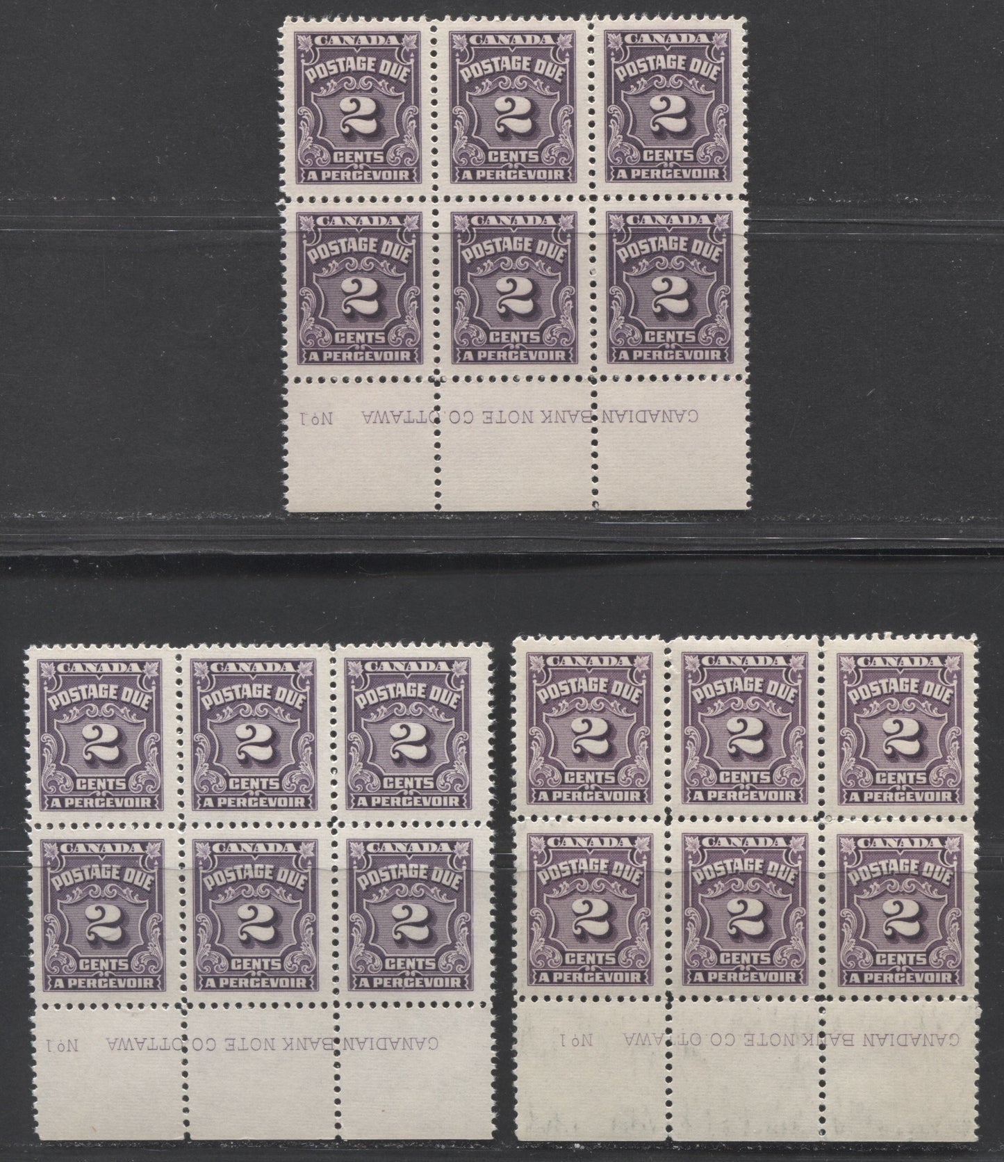 Lot 70 Canada #J16c 2c Dark Violet, 1935-1965 Fourth Postage Due Issue, 3 F/VFNH Lower Plate 1 Blocks Of 6 With Different Shades, Papers & Gums