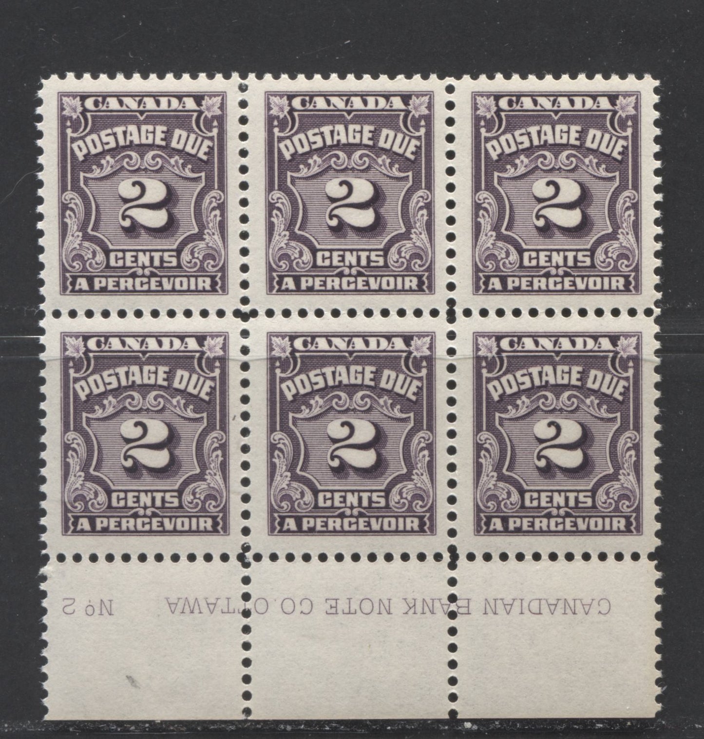 Lot 71 Canada #J16 2c Blackish Plum, 1935-1965 Fourth Postage Due Issue, A VFNH Lower Plate 2 Block Of 6 On Smooth Paper With Glossy Cream Gym, A 1960's Printing