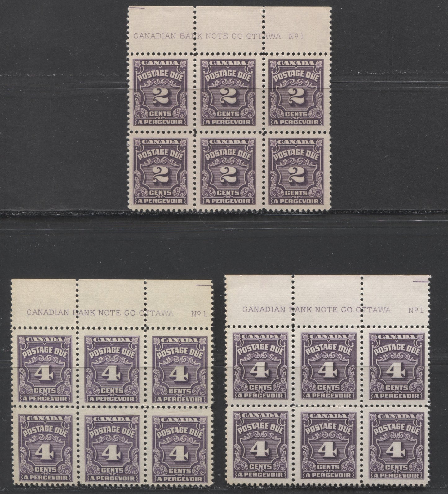 Lot 72 Canada #J16-J17 2c & 4c Dark Violet, 1935-1965 Fourth Postage Due Issue, 3 FNH Upper Blocks Of 6 With Different Shades, Papers & Gums