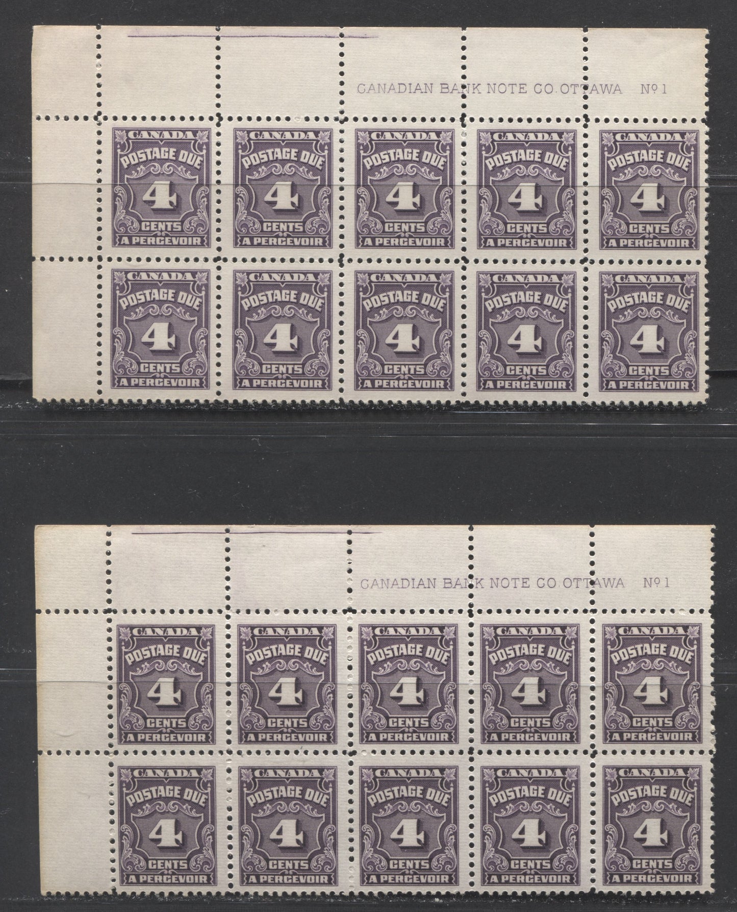 Lot 75 Canada #J17 4c Deep Violet & Deep Rose Lilac, 1935-1965 Fourth Postage Due Issue, 2 FNH UL Plate 1 Blocks Of 10 On Ribbed Paper With Smooth & Streaky Cream Gums, Both With Unlisted Re-Entries Showing Doubling Of 'Dian Bank No."