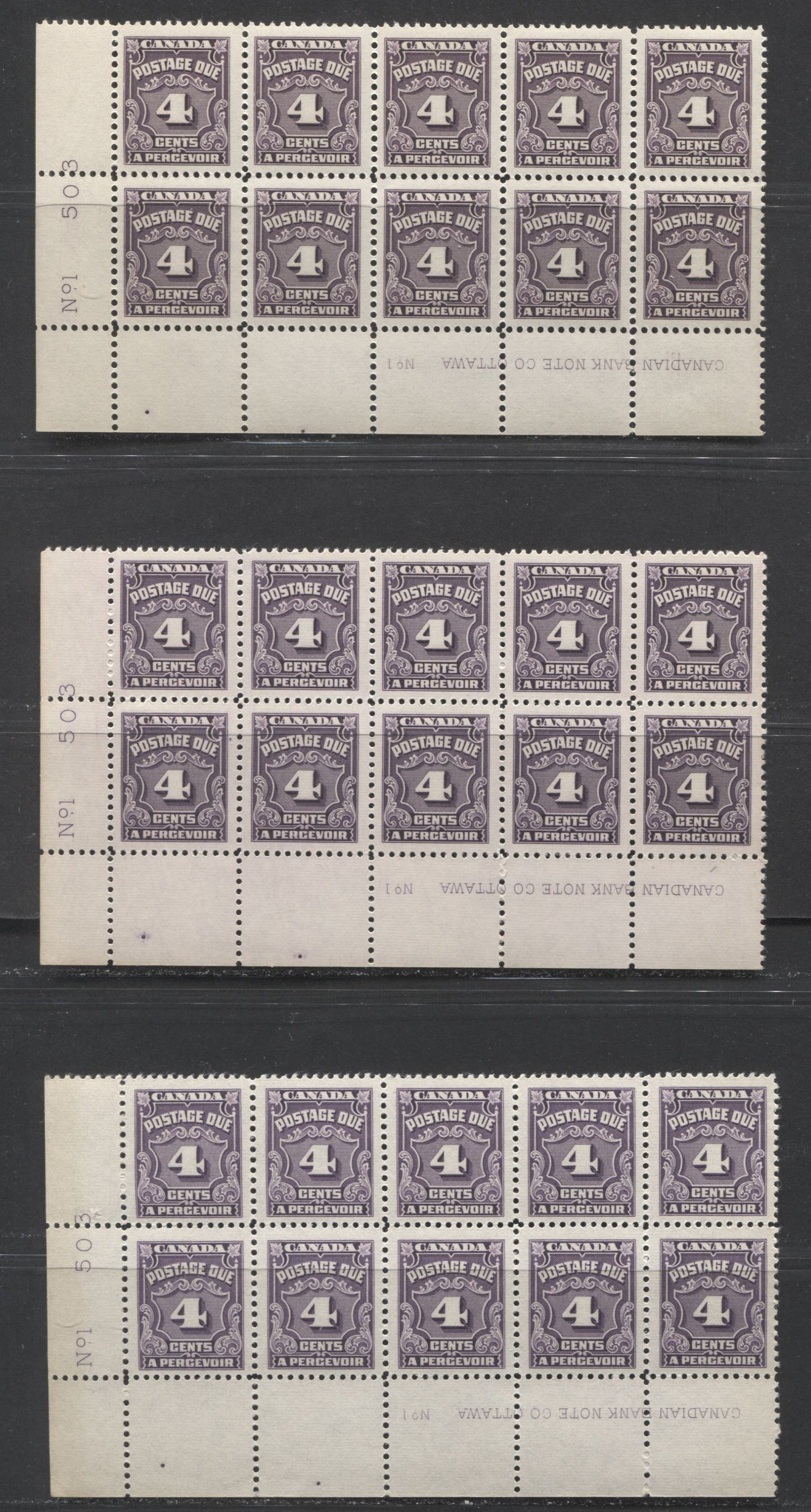 Lot 76 Canada #J17 4c Deep Violet & Deep Rose Lilac, 1935-1965 Fourth Postage Due Issue, 3 F/VFNH LL Plate Blocks Of 10 With Different Shades, Papers & Gums, All With Plate Dots In Selvedge Under Pos. 91 & 92