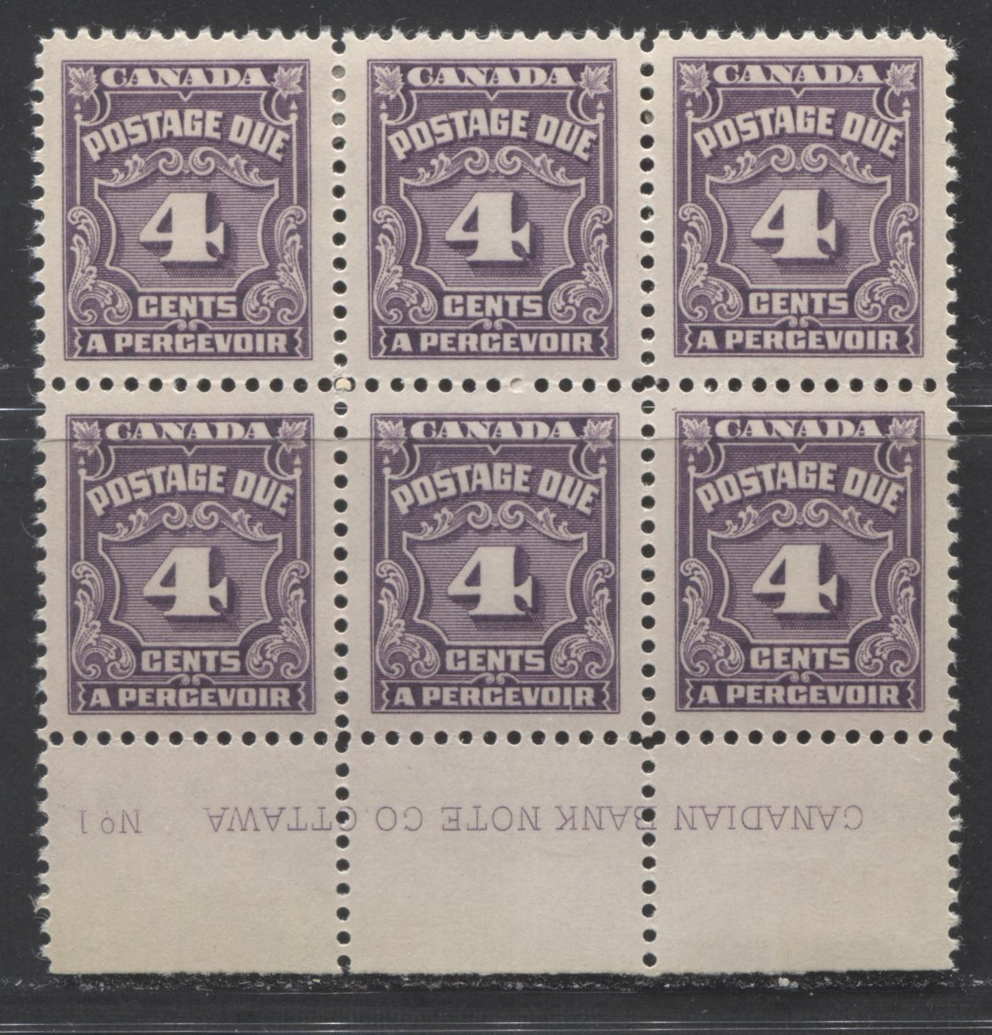 Lot 81 Canada #J17b 4c Reddish Violet, 1935-1965 Fourth Postage Due Issue, A VFOG Lower Plate 1 Block Of 6 On Horizontal Wove Paper With Satin Yellowish Gum, Similar To That Found On The Mufti Issue