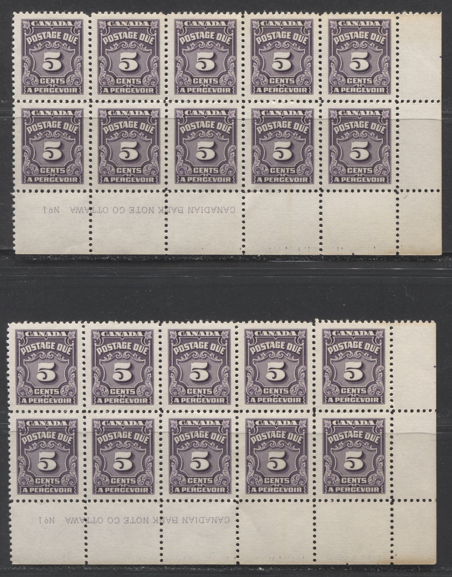 Lot 85 Canada #J18 5c Deep Rose Lilac & Deep Reddish Lilac, 1935-1965 Fourth Postage Due Issue, 2 VFNH LR Plate 1 Block Of 10 On Ribbed Paper With Yellowish Cream Gum
