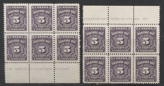 Lot 86 Canada #J18 5c Deep Rose Lilac, 1935-1965 Fourth Postage Due Issue, 2 F/VFNH Upper & Lower Plate 1 Blocks Of 6 On Ribbed Paper With Shiny Cream Gum