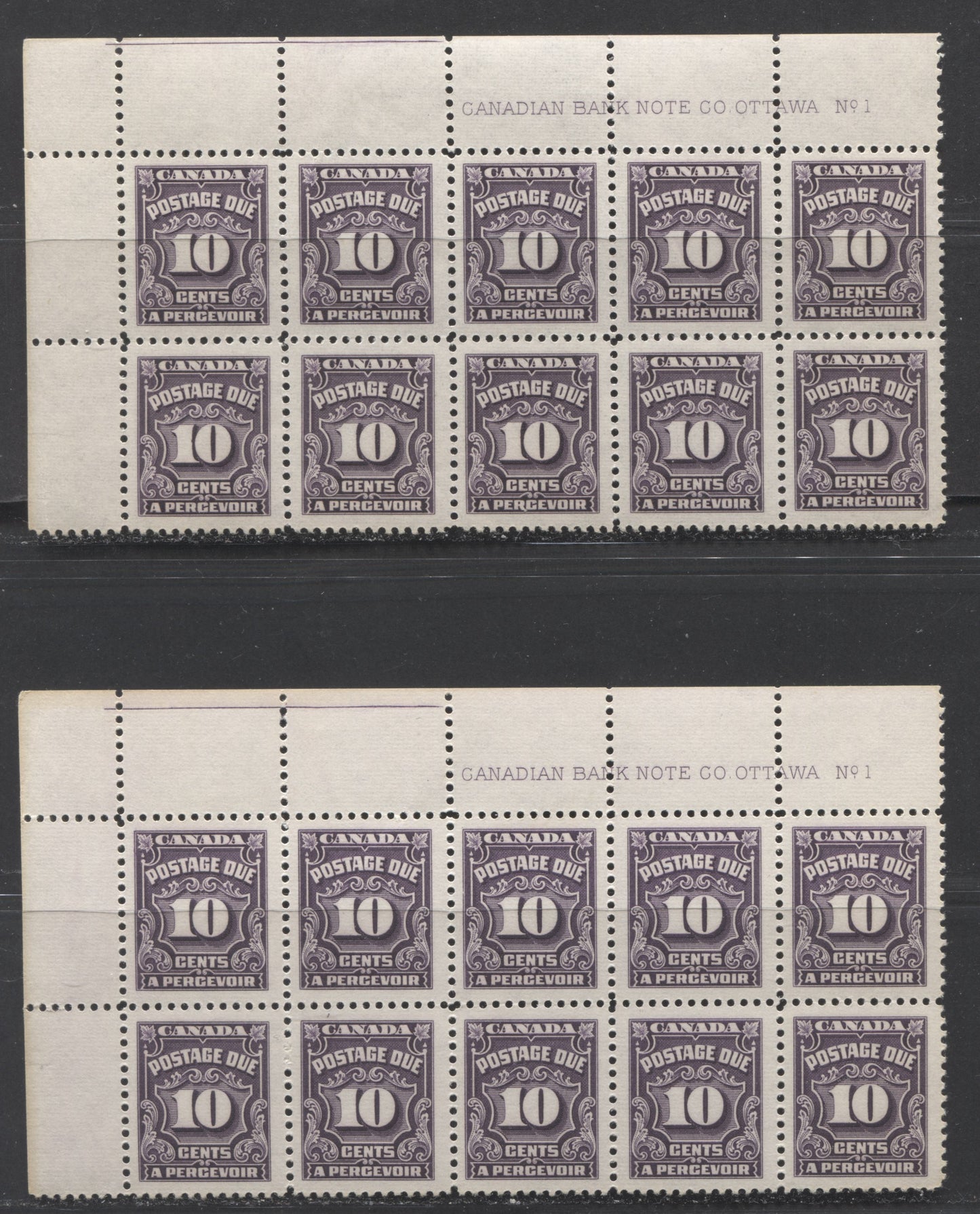 Lot 88 Canada #J20 10c Deep Rose Lilac & Violet, 1935-1965 Fourth Postage Due Issue, 2 VFNH UL Plate 1 Blocks Of 10 On Ribbed Papers With Smooth Shiny Cream Gum & Cream Gum, One Lightly Folded Between Columns 3 & 4