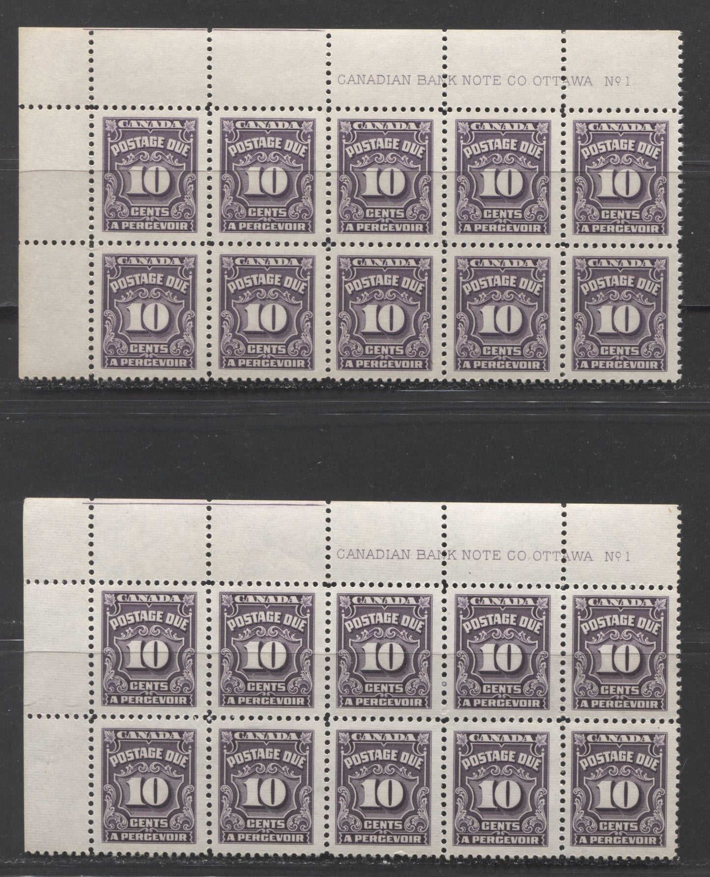 Lot 89 Canada #J20 10c Violet & Deep Rose Lilac, 1935-1965 Fourth Postage Due Issue, 2 VFNH UL Plate 1 Blocks Of 10 On Ribbed Paper With Cream Gum