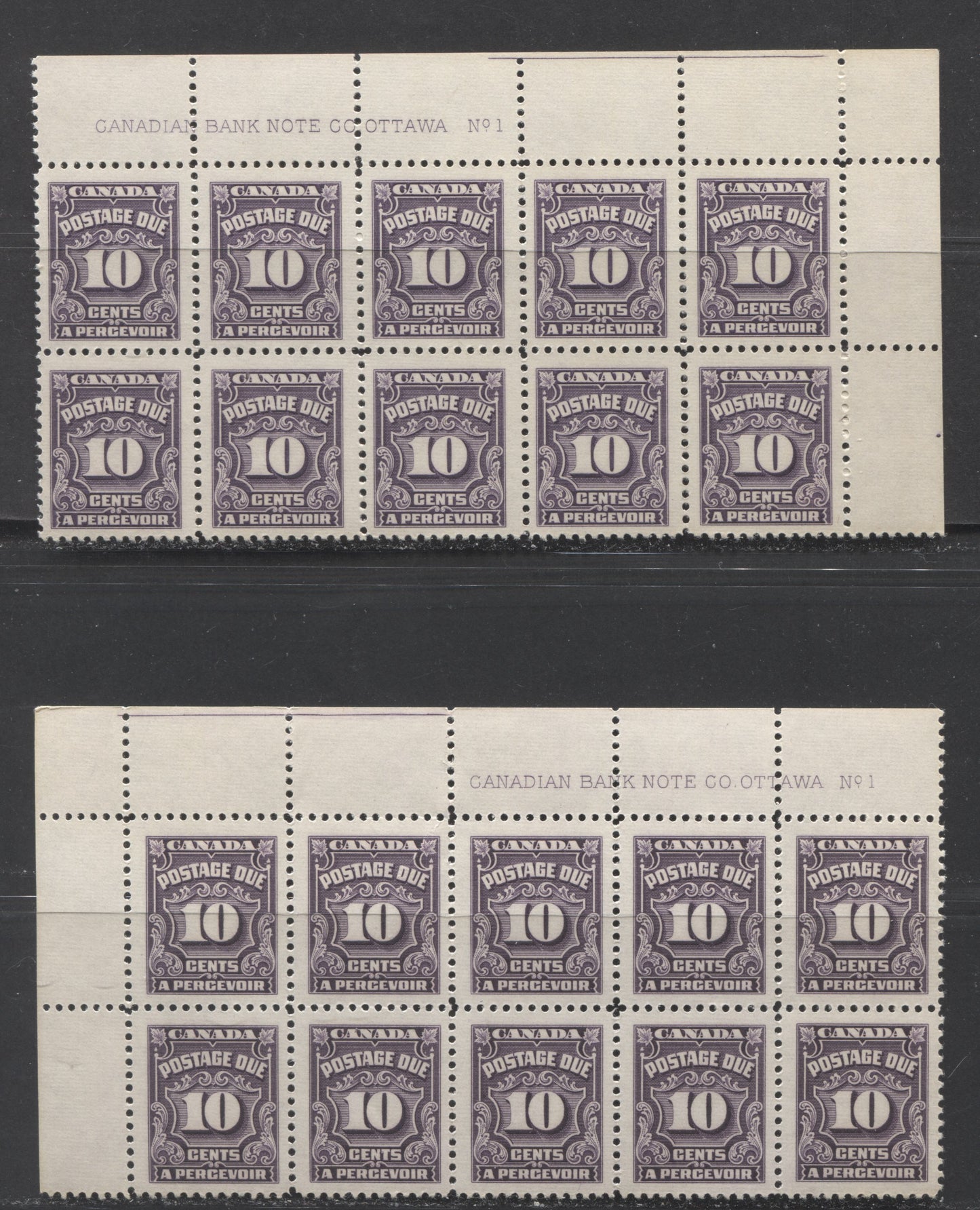 Lot 90 Canada #J20 10c Violet & Deep Rose Lilac, 1935-1965 Fourth Postage Due Issue, 2 FNH UR & UL Plate 1 Blocks Of 10 On Ribbed Papers With Cream Gum