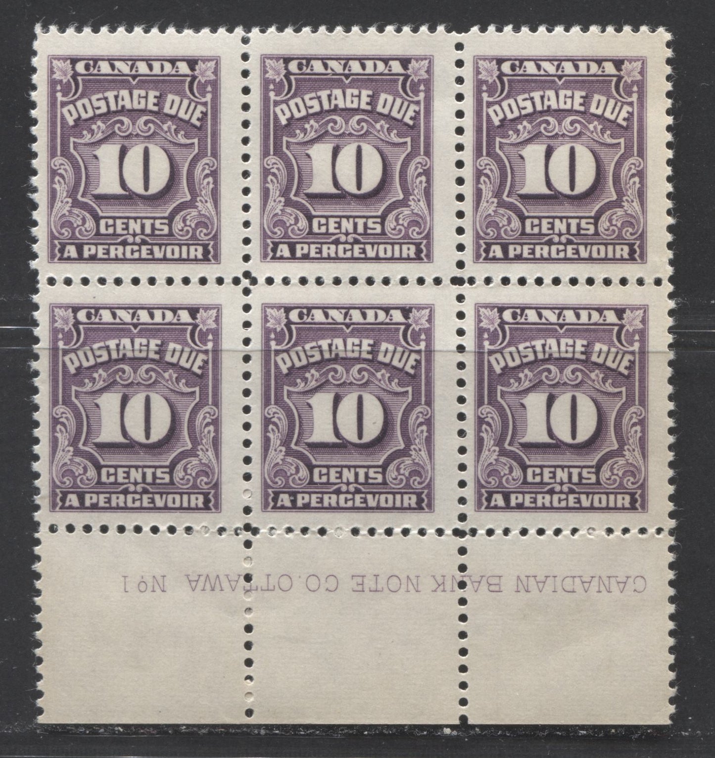 Lot 94 Canada #J20b 10c Red Violet, 1935-1965 Fourth Postage Due Issue, A FOG Lower Plate 1 Block Of 6 On Horizontal Wove Paper With Yellowish Cream Gum, Likely From Either Mufti Or War Issue Period