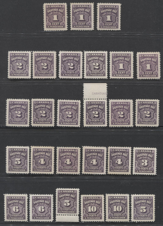 Lot 95 Canada #J15-J20 1c-10c Dark Violet, 1935-1965 Fourth Postage Due Issue, 27 VFNH Singles With Different Shades, Papers & Gums