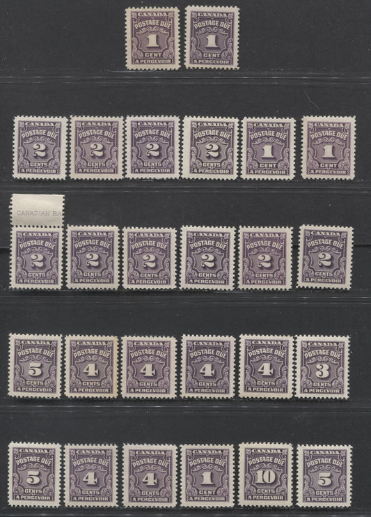 Lot 97 Canada #J15/J20 1c/10c Dark Violet, 1935-1965 Fourth Postage Due Issue, 26 VFNH Singles With Different Shades, Papers & Gums